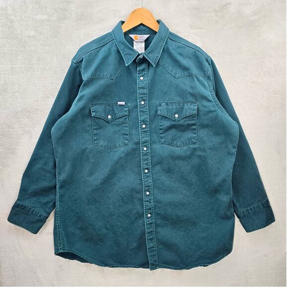 Vintage Carhartt Western Pearl Snap Shirt Mens XXL Green Canvas Workwear Utilty - Picture 1 of 10